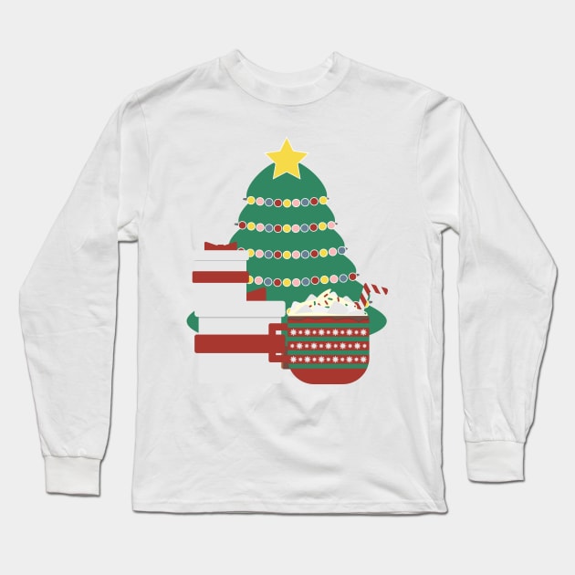 Decorated Christmas tree, White Red gifts box and large Red Green mug with hot cocoa, whipped cream, marshmallow and striped candy cane on White background Long Sleeve T-Shirt by sigdesign